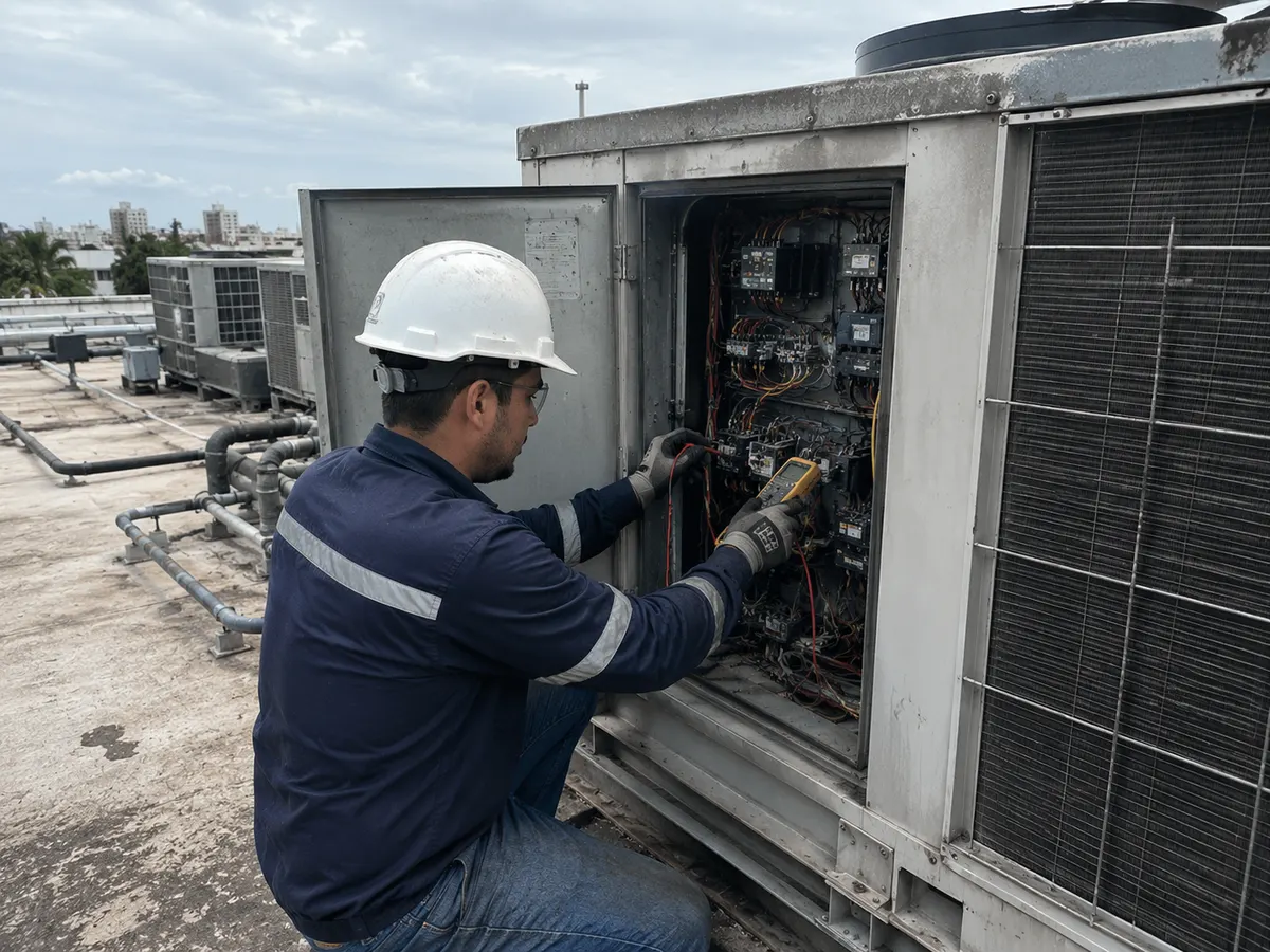 Técnico de EGRUBOM midiendo el tablero eléctrico de una unidad de climatización