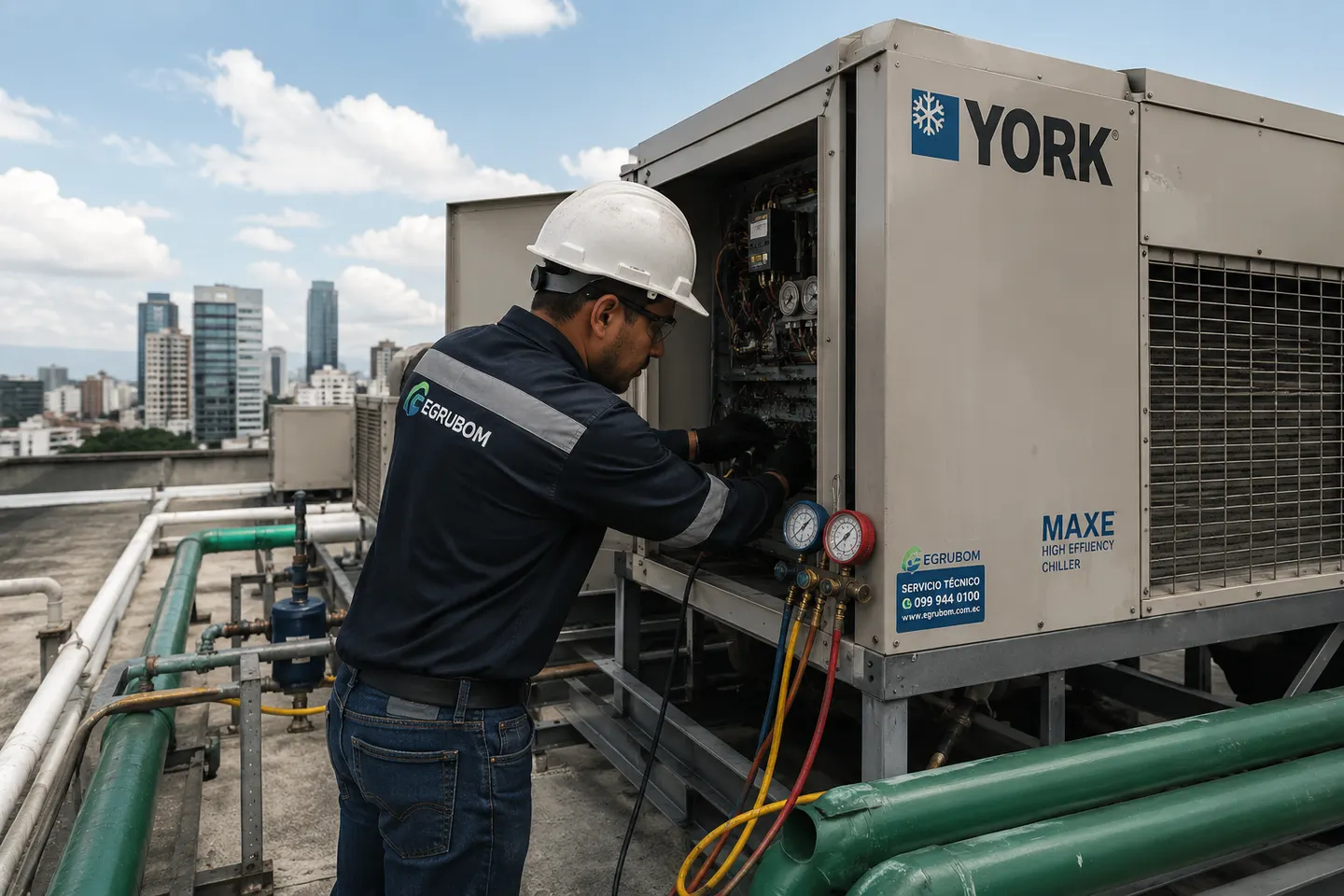 Técnico de EGRUBOM dando mantenimiento a un chiller York en azotea, Guayaquil